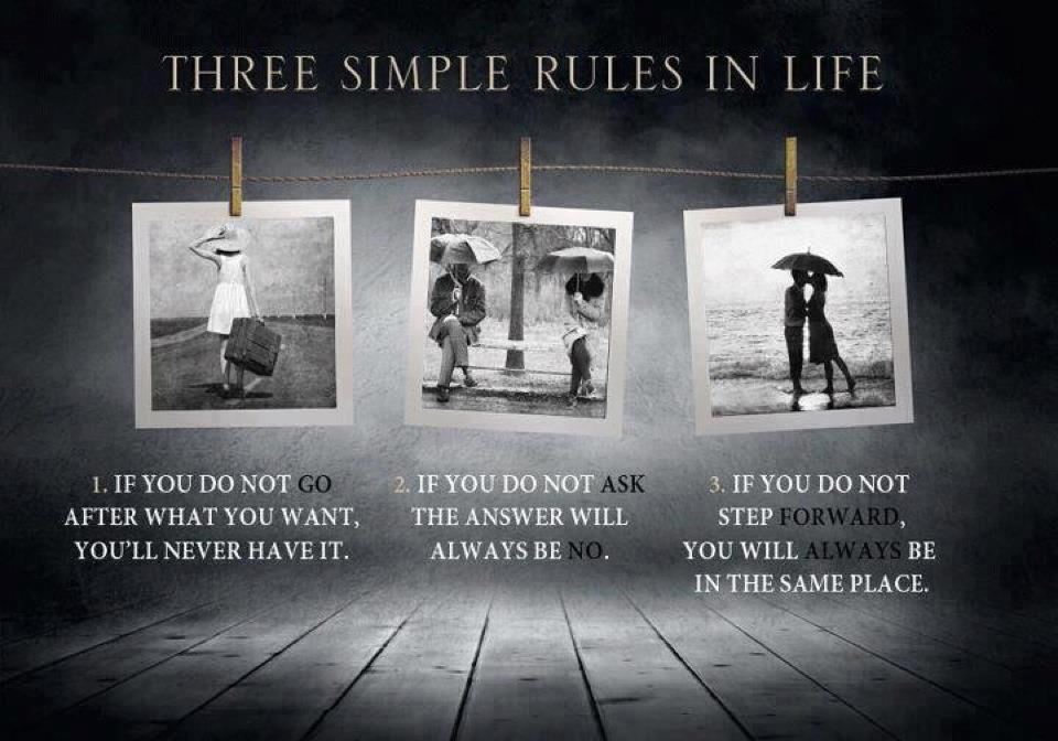 Three simple rules in life

1. If you do not go after what you want, you'll never have it.

2. If you do not ask, the answer will always be no.

3. If you do not step forward, you will always be in the same place.  Wisdom Life Rules Quote