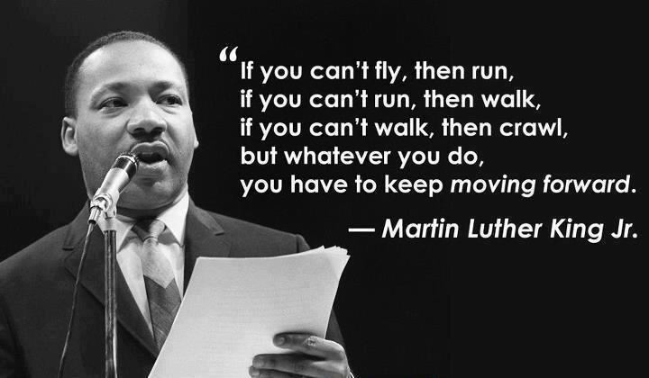If you can't fly, then run,
if you can't run, then walk,
if you can't walk, then crawl,
but whatever you do,
you have to keep moving forward.  Wisdom Motivational Quote ~ Martin Luther King, Jr.