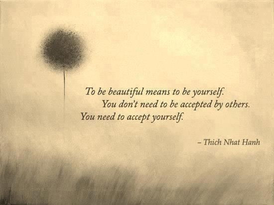 To be beautiful means to be yourself.
You don't need to be accepted by others.
You need to accept yourself.  Wisdom Beauty Acceptance Quote ~ Thich Nhat Hanh
